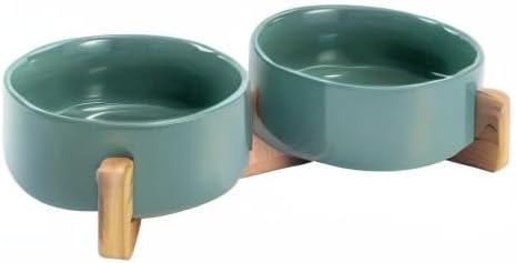 SPUNKYJUNKY Ceramic Dog and Cat Bowl Set with Wooden Stand, Modern Cute Weighted Food Water Set for Small Size Dogs (13.5OZ) & Medium Sized Dogs (28.7OZ) & Cats (1.7 Cups, 2 × Light Green)
