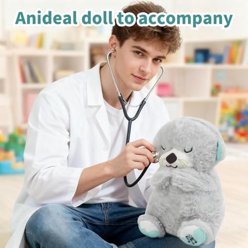 rytopt Breathing Stuffed Animal, Simulated Breathing Sounds, 4 Gear Adjustment, Volume Control, Plush Toy with Music & Light (Gray)