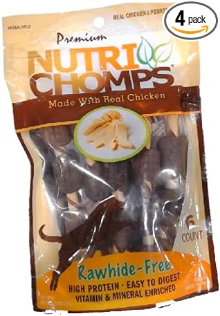 NutriChomps Dog Chews, 5-inch Kabobs, Easy to Digest, Rawhide-Free Dog Treats, 6 Count, real chicken and porkskin chew flavor , Bundle of 4, Brown, 24 Count (NT094V-4)