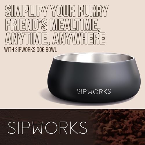 Sipworks Stainless Steel Dog Bowl – 32oz Weighted Metal Food and Water Bowls for Dogs and Cats with Non-Slip Base - Pet Bowls for All Breeds Sizes for Travel & Outdoor Play | Iron Smoke