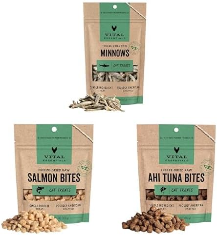 Vital Essentials Freeze-Dried Cat Treats Variety Pack | Minnows, Salmon Bites, Ahi Tuna Bites | No Fillers, No Dyes, No Additives, No Grains, No Gluten | Made in USA | 3 Pack