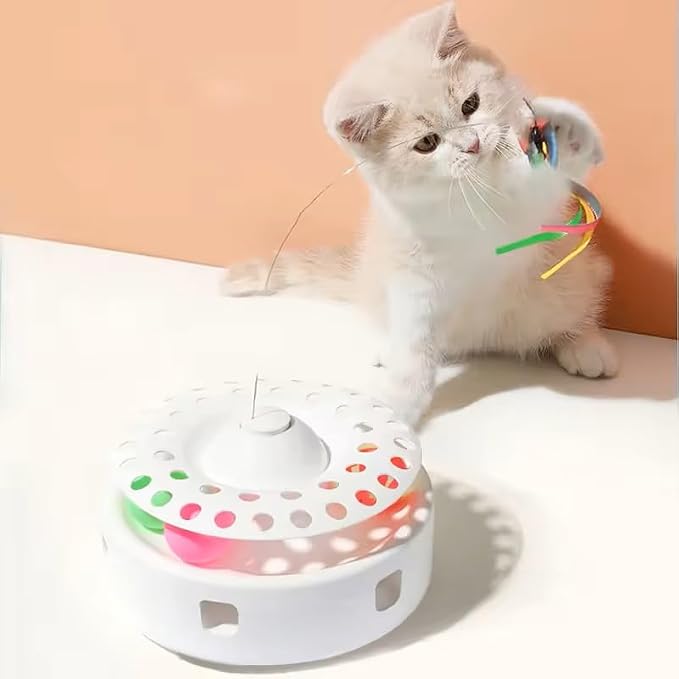 Cat Toys - 3 in 1 Interactive Automatic Kitten Toy, Fluttering Butterfly, Mobile Ambush Feather, Ball Track, Dual Power Sources, USB Powered, for Exercise, white