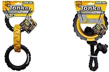 Tonka 10.5in Rubber 3-Ring Chew Tug and 15in Mega Tread Rope Chew Tug Dog Toys for Large Breeds