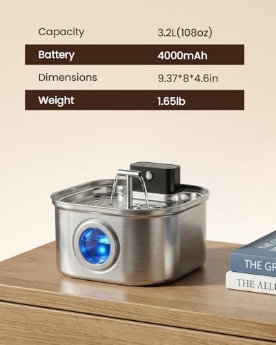 Cordless Cat Water Fountain Stainless Steel, 3.2L/108oz Wireless Battery Operated Pet Water Fountain(4 Filters) +6 Replacement Filters