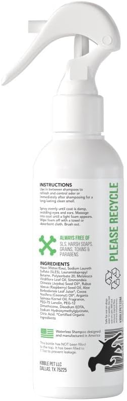 Kibble Pet Brush-in Shine Waterless Dog Shampoo, No-Rinse Salon-Quality Refresh Between Baths, Organic Jojoba & Argan Oil Formula, Aloe Vera & Honey Scent, Made in USA, 7.1 oz