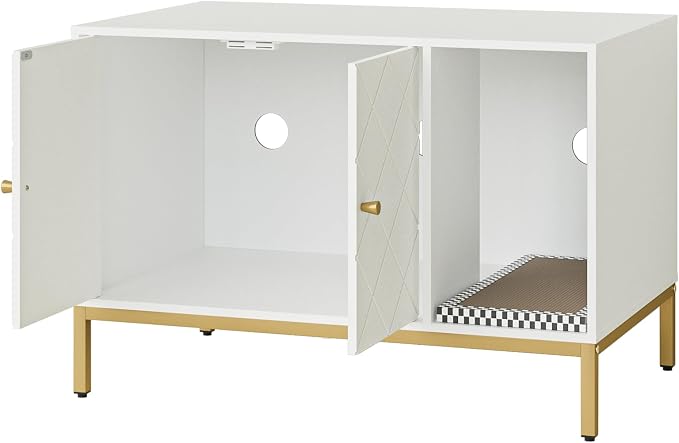 Cat Litter Box Enclosure, Modern Hidden Litter Box Furniture with Scratching Pad, Wooden Cat House Cabinet with Gold Metal Legs, Fit Most of Litter Box, White