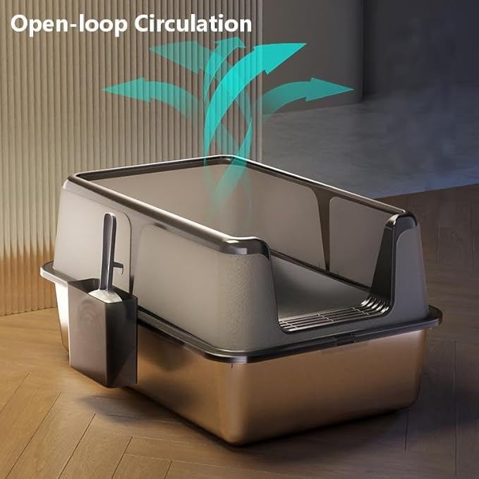 Stainless Steel Cat Litter Box with Lid, Enclosed Splash-Proof & Leak-Proof Design, Non-Stick Odor Control, Side Opening Metal Pan, Includes Scoop for Adult Cats-Black