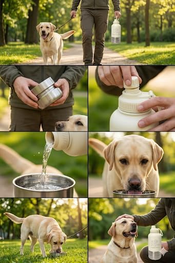PuppiLovePets PuppiTravelBowl 3-in-1 Dog Travel Water Bottle – 32oz Insulated Aluminum Container with 2 Detachable Cups, Leak-Proof & BPA-Free Portable Feeder for Hiking and - Navy Blue