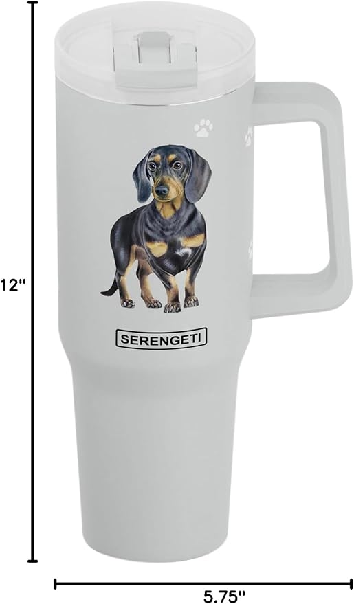 SERENGETI 40 Oz Ultimate Tumbler with Handle and Straw - Vacuum Insulated Tumbler with Straw and Lid - Stainless Steel Travel Mug for Pet Lovers - 3D Designs of your favorite Dog (Black Dachshund)