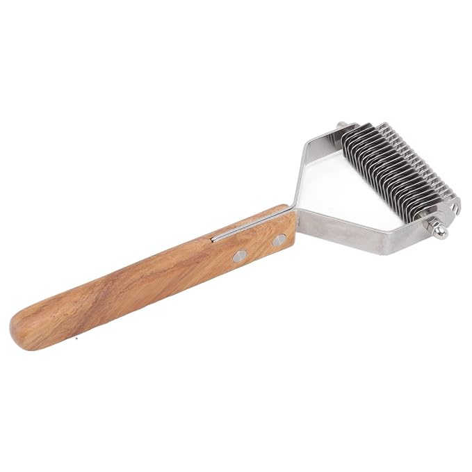 Premium Pet Undercoat Rake, Double Row Wood Handle Dog Hair Shedding Brush for Grooming Cats and Dogs, Removes Knots and Loose Fur, Promotes Skin and Shiny Coat