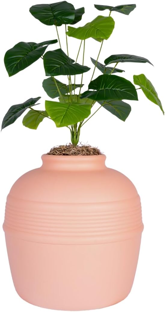 Good Pet Stuff Original Hidden Litter Box Planter, Decorative Cat Litter Enclosure, Carbon Filter, Faux Plant, Round Design, Easy Clean Litter Tray, Essentials Kit, Broad Leaf Plant, Blush Coral