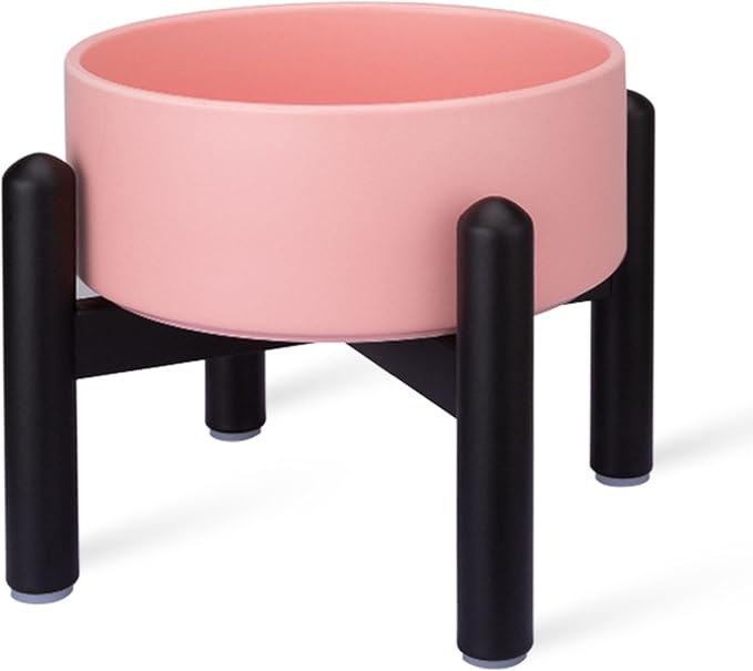Raised Ceramic Dog Bowl, 6.1'' Modern Feeding Bowl with Non-Slip Stainless Steel Stand, Elevated Food or Water Dish for Small to Medium Dogs, 2 Cups (28.75 fl oz)- Pink