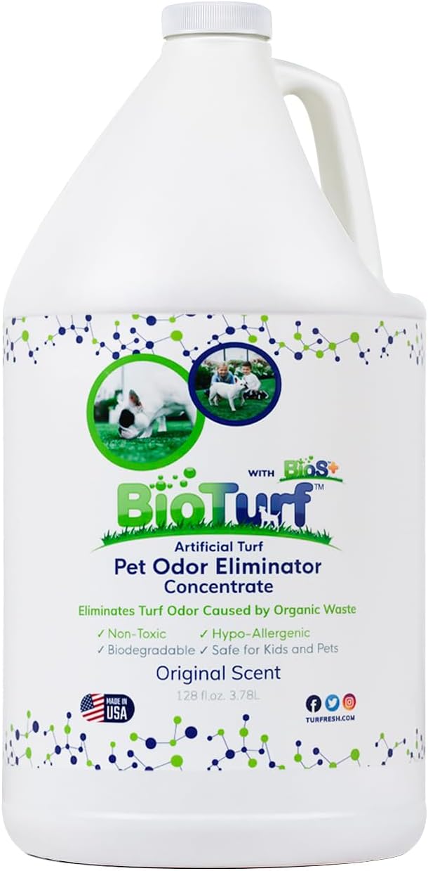 BioTurf BioS+ Turf Cleaner for Pet Urine Outdoor – Artificial Turf Cleaner Deodorizer Concentrate – Fake Grass & Yard Deodorizer for Dog Urine & Feces – Enzyme Kennel Odor Eliminator 1 Gallon