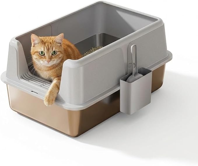 Stainless Steel Cat Litter Box, XL Enclosed Metal Litter Box with Lid & Side Litters Filter, Anti-Leak Non-Stick Design, Includes Scoop for Large Cats 6'' Deep Grey