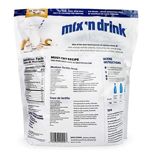 SACO Mix 'n Drink Instant Skim Milk, Fat-Free, GMO-Free, Gluten-Free, Nut-Free, rBST Free, High Calcium and Protein, Makes 10 Gallons