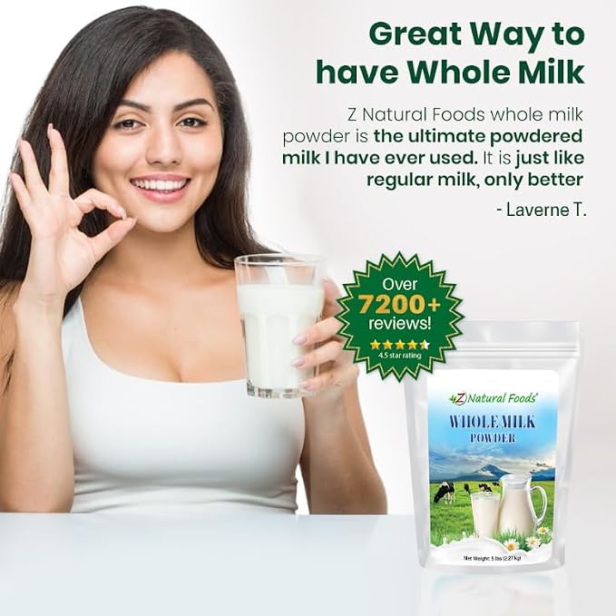 Z Natural Foods Premium Whole Milk Powder - Powdered Milk for Baking, Cooking, Drinks - Dry Milk Powder, Pasteurized, Non-GMO, Gluten-Free, Kosher-Certified, 5 lbs