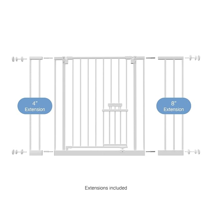 Perma Child Safety 30-inch Tall Extra Wide Metal Baby Gate with Small Pet Door, Easy Fit, Pressure Mounted Fits Openings up to 44-inches, Includes 4-inch and 8-inch Extensions