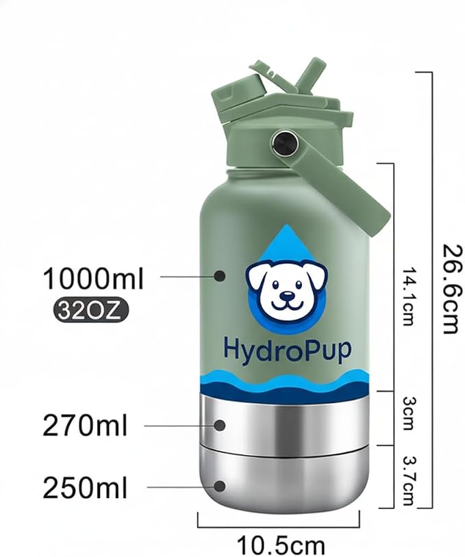Dog Water Bottle for Walking and Hiking, 32 oz with Bowl Stays Cold