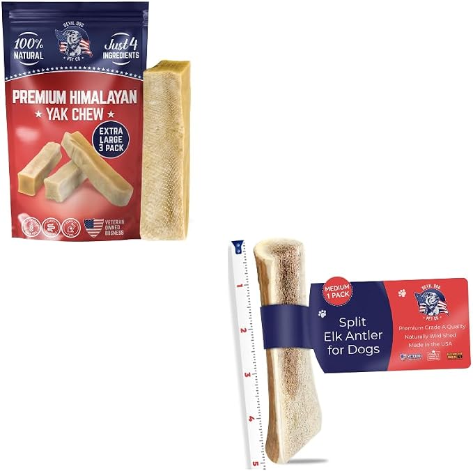Devil Dog Pet Co (1) Yak Chews XL 3 Pack + (1) Split Antler Medium 1 Pack | Value Pack