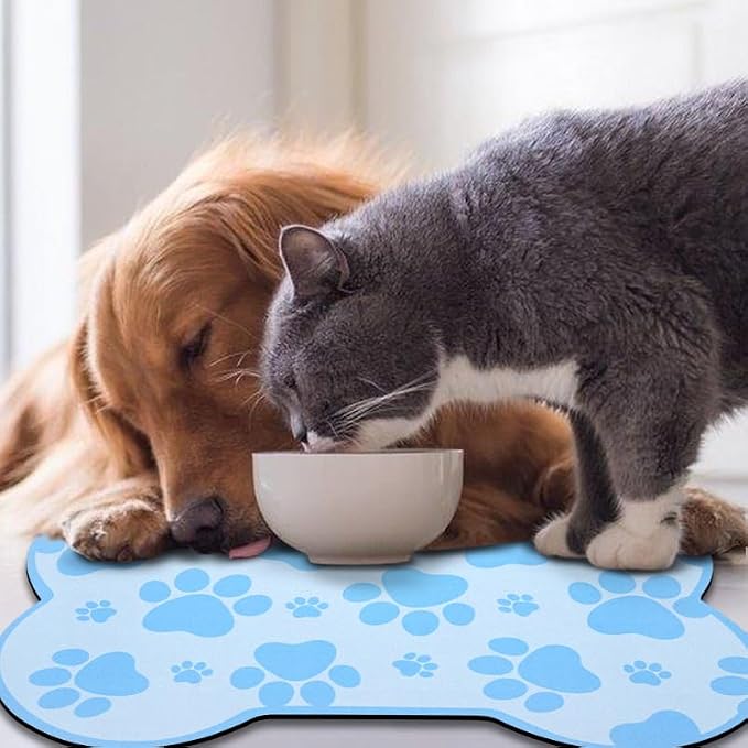 Dog Food Mats for Floors Waterproof, Pet Feeding Absorbent Water Bowl Mat Cat Placemats Blue Bone Shape 25.5 * 17 inch