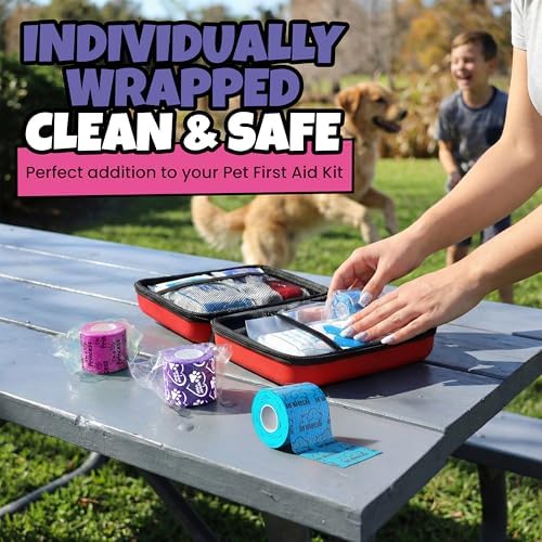 Rubyloo Vet Approved Essential Pet First Aid Kit Supplies to Treat Dogs & Cats in an Emergency with Girl’s 6 Pack of 2 Funny Vet Wrap Bandages for Home, Camping, Car, RV