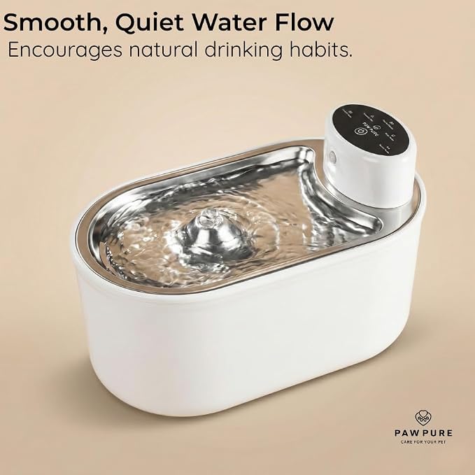 Wireless Cat Water Fountain Starter Kit | Fountain + 4 Replacement Filters | 3L/108oz, 30-Day Battery, Stainless Steel Tray - BPA-Free