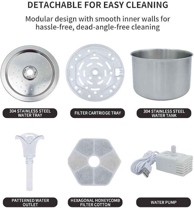 Cat Water Fountain Stainless Steel, 74oz/2.2L Automatic Pet Fountain with 3 Replacement Filters, Ultra Quiet Water Dispenser for Cats Indoor, LED Monitoring Water Level, Easy Clean