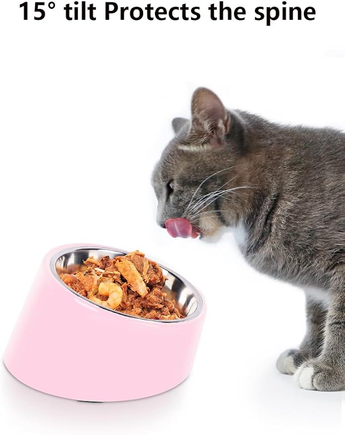 15° Tilted Dog Bowl for Medium Dogs & Flat-Faced Breeds - Anti-Choke Ergonomic Elevated Feeder Non-Slip Base - 2-in-1 Detachable Stainless Steel Food (L, Pink)