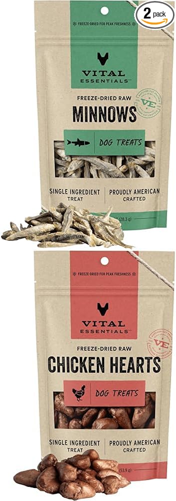 Vital Essentials Freeze Dried Minnows (1 oz) & Chicken Hearts (1.9 oz) Dog Treats Bundle