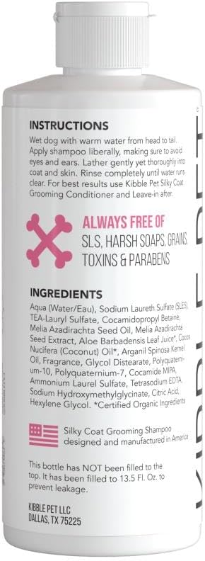 Kibble Pet Silky Coat Grooming Shampoo for Dogs, Organic Argan Oil & Coconut Oil Formula, Salon-Quality Professional Coat Care, Warm Vanilla & Amber Scent, Made in USA, 13.5 oz