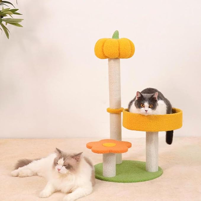 Cat Tree Post, 29.5" Pumpkin Flower Cat Tower Kittie Flower Kitten Nest with Sisal Post, Cozy Fluffy Cat Condo 3 Pillars Kitten Climbing Scratcher for Indoor Activity