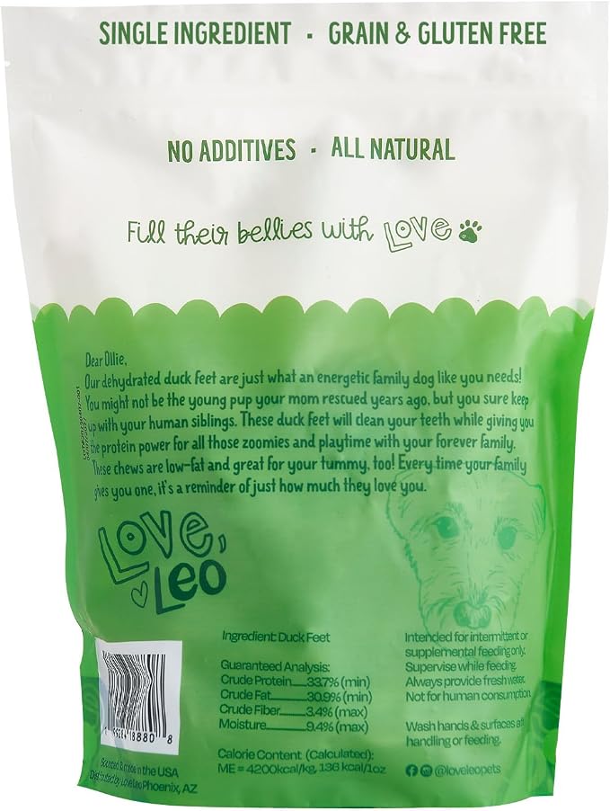 Love Leo Dehydrated Duck Feet for Dogs (30 Count) – 100% Natural, Grain-Free, High-Protein Duck Feet Dog Chews for Dental Health and Training Rewards – Made in USA