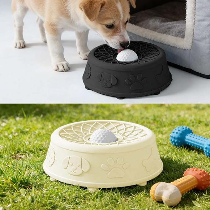 Slow Feeder Dog Bowl with Rolling Ball, No Spill Silicone Pet Lick Bowl for Dogs and Cats, Anti Slip Suction Base, Interactive Pet Feeder for Slower Eating and Cleaner Mealtime (White)
