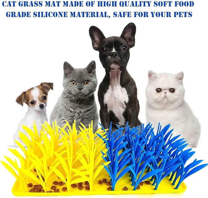 Silicone Grass Mat for Cats & Dogs, Snuffle Mat for Dogs Cats, Slow Feeder Dog Bowl, Interactive Sniff Foraging Mats for Dog Cat Pet, Nosework Training Foraging Pad- Blue & Yellow1