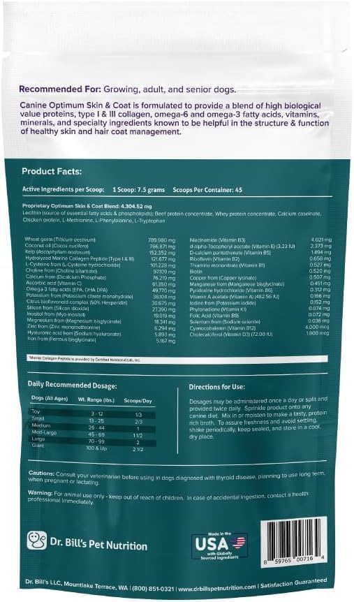 Dr. Bill's Canine Optimum Skin & Coat – Reduces Shedding, Itching, Dry Skin – Allergy Relief for Healthy Fur - Omega 3, Collagen, Biotin & Hyaluronic Acid – 340g Vet-Recommended Dog Supplement