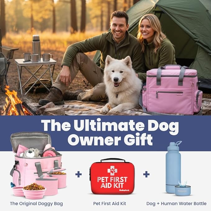The Original Doggy Bag™ - Complete Dog Travel Bag for Supplies with 2 BPA-Free Travel Bowls & 2 Pet Food Containers - A Dog Mom Gift for Day Trips, Camping, Road Trips & Weekends Away: Lt. Pink