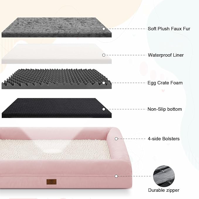 Yiruk XL Orthopedic Dog Bed for Large Dogs, Big Waterproof Dog Bed with Removable Washable Cover, 4-Sides Bolster Support Pet Couch Sofa with Non-Slip Bottom, Pink