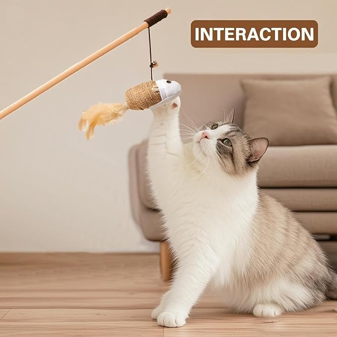 Cat Teaser Bouquet - 7 PCS Interactive Cat Toys on Wooden Handle with Feathers, Bells & Crinkle Mice | Gift Ready Kitty Play Set for Indoor Cats | 40 Inch Wand with Elastic String