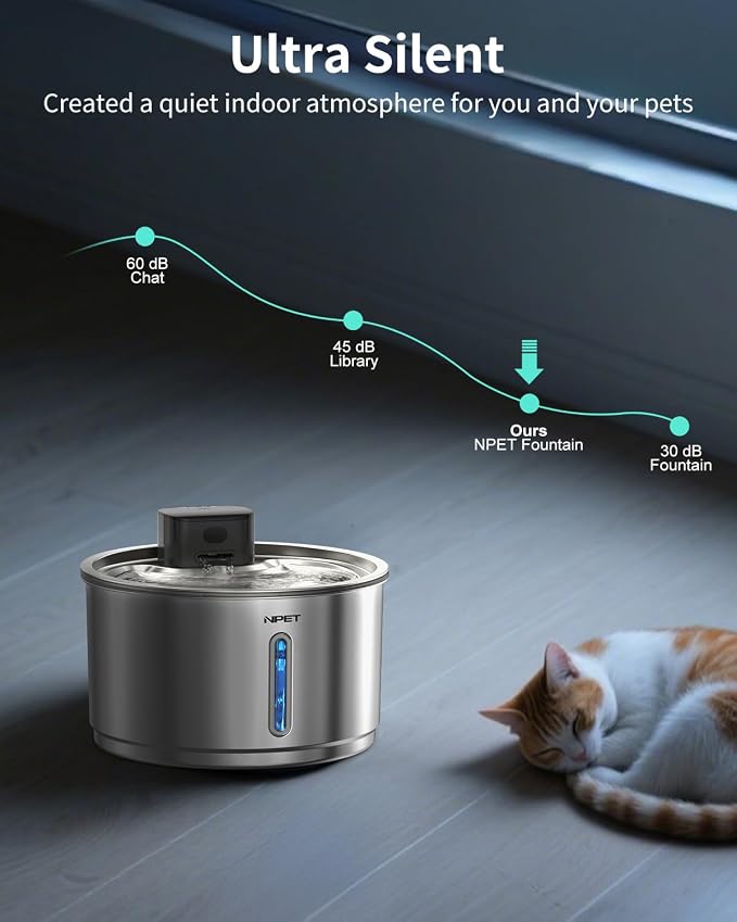 NPET Stainless Steel Wireless Cat Fountain, 1Gallon/135oz Battery Operated Automatic Pet Drinking Fountain - Cordless Dog Water Dispenser with 4 Replacement Filters for Cats Indoor