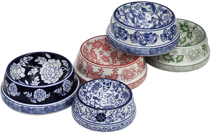 Aimusego Ceramic Dog Bowl 6.7" for Small Dogs and Cats Porcelain Chinoiserie Food and Water Bowls Dish for Pet, Pet Feeder Bowl, Microwave & Dishwasher Safe, Blue & White Floral