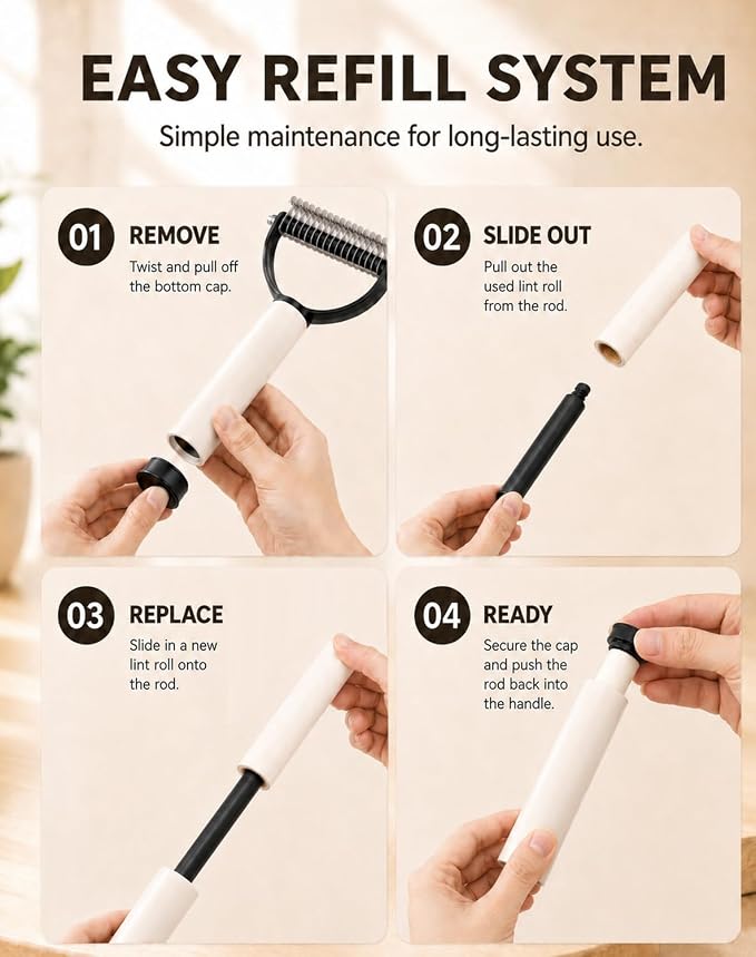 2 in 1 Pet Dematting Comb & Integrated Lint Roller, Stainless Steel Undercoat Rake for Dogs & Cats, Painless Tangle & Mat Remover, Extra Wide Grooming Tool for Long-Haired Breeds (Brown)