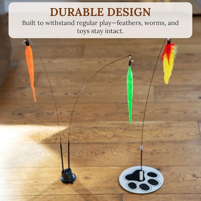 Cat Wand Toy for Indoor Cats - 43 Inch Retractable Fishing Pole Teaser - 9 Feather Attachments - Weighted Round Base - Suction Cup Mount - Bored Adult Feline Hunting Exercise - Kitten Juguetes Set