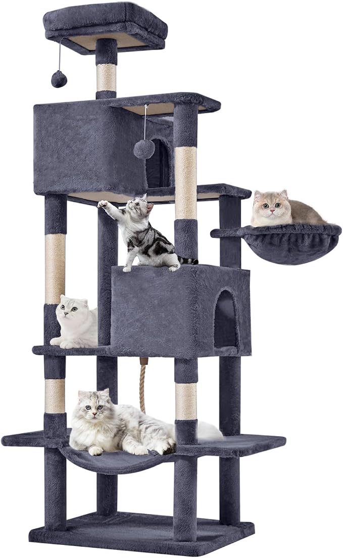 Large Cat Tree 66 Inch, Multi-Level Tall Cat Tree Tower with Condo, Perches, Sisal Scratching Posts and Hammock, Pet Play House with Dangling Balls for Indoor Cats, Dark Grey