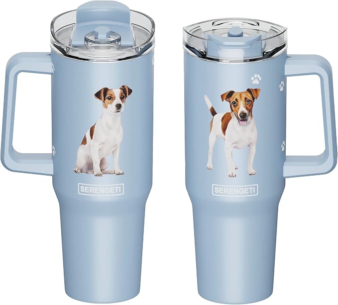 SERENGETI 40 Oz Ultimate Tumbler with Handle and Straw - Vacuum Insulated Tumbler with Straw and Lid - Stainless Steel Travel Mug for Pet Lovers - 3D Designs of your favorite Dog (Jack Russel)