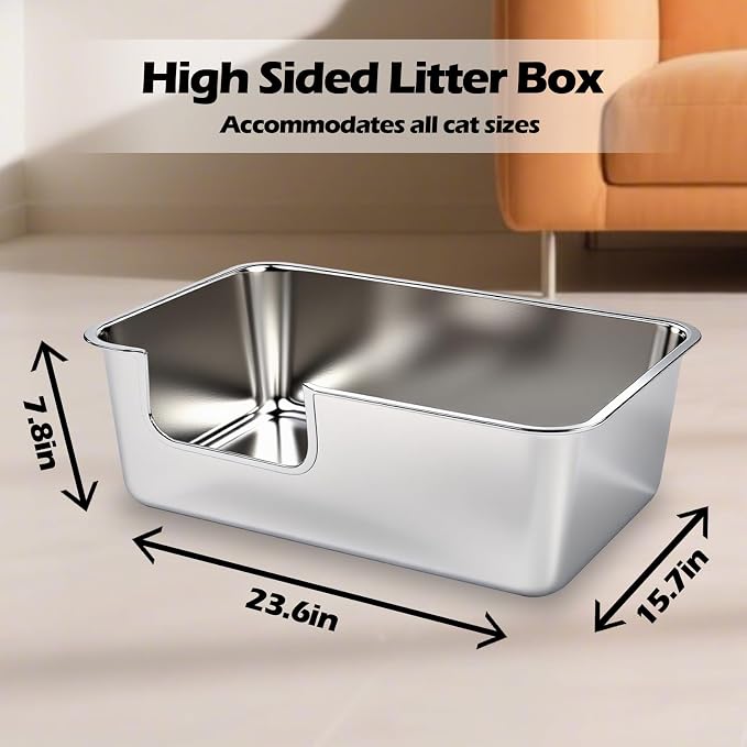 Stainless Steel Cat Litter Box,Jumbo XL Extra Large Mental Cat Litter Pan with High Sides Lid,Low Entry for Indoor Big Cats,Non Sticky,Easy to Clean,Anti-Urine Leakage