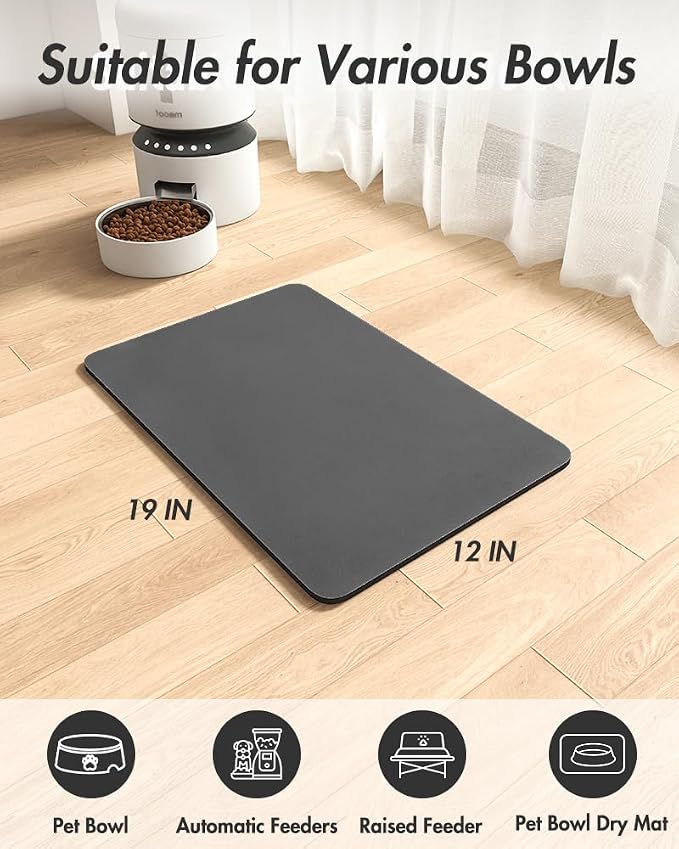 MontVoo-Absorbent Pet Feeding Mat-No Stains Pet Mat for Food and Water Bowl-Quick Dry Cat & Dog Food Mat Water Dispenser Mat-Pet Supplies Mat-Dog Water Bowl Mat for Messy Drinker,(Darkgrey,12"x19")