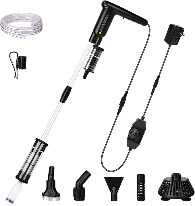AQQA Upgraded DC 18W Electric Aquarium Vacuum Gravel Cleaner, Anti-Clog Pre-Filter Design, 7-in-1 Multifunctional Fish Tank Cleaning Kit for Dirt Removal, Water Change, Sand Washing, Turtle Shower