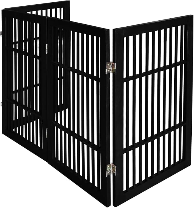 Urnporium Pet Dog Gate Freestanding, Strong Durable Folding Wooden Fence, Portable Acacia Hardwood Safety Barrier for Indoor & Outdoor Use (Black Pet Gate, 4 Panel 30" Tall)
