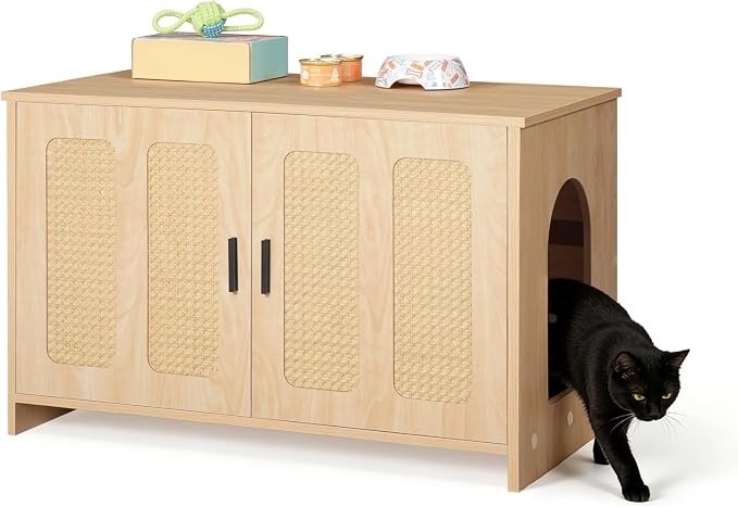 HOOBRO Farmhouse Cat Litter Box Enclosure, Hidden Litter Box Furniture with Side Entry & Vents, Litter Box Cabinet with Double Woven Doors, Side Table for Living Room, Bedroom, Natural NL33MW01