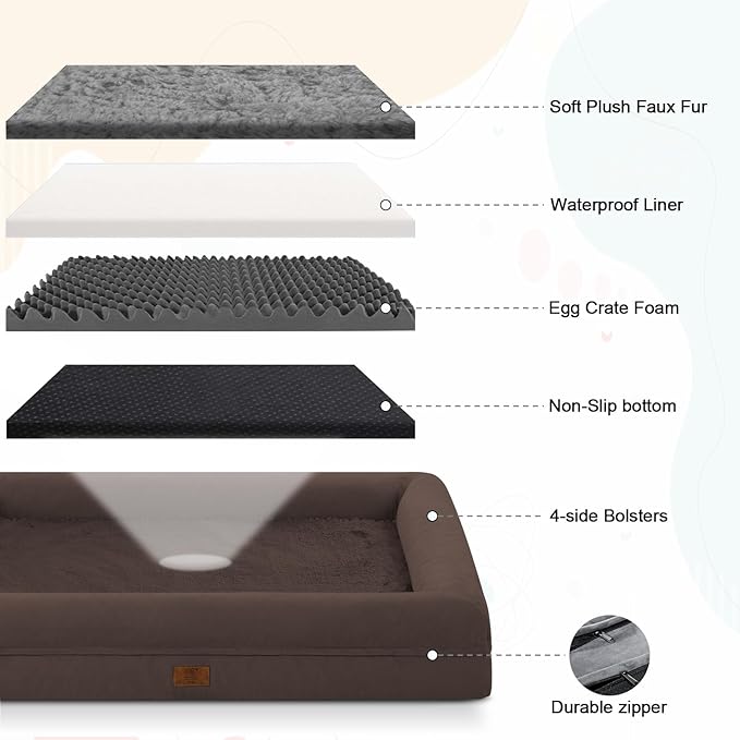 Medium Orthopedic Dog Beds, Large Waterproof Dog Bed with Removable Cover, 4-Sides Bolster Support Pet Soft Sofa, Washable Pet Beds for Large Dogs, Brown